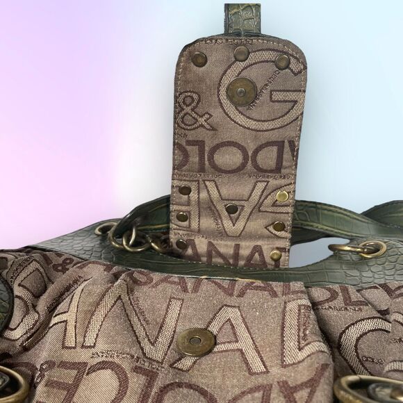 Dolce&Gabbana Shoulder Bag Designer Purse Brown Fabric w/ Green Textured Leather - Picture 9 of 13